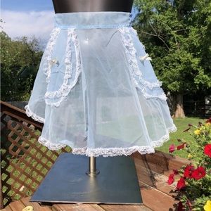 Vintage Half Apron MCM Light Blue Sheer Organza White Accents 1950s 60s Kitchen